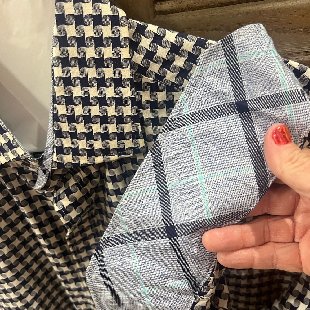 Thomas Dean Navy and Cream Mixed-Pattern Button Shirt
